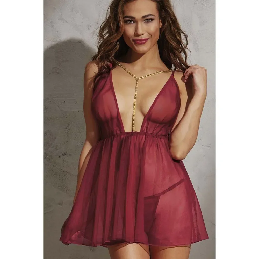 Red Garnet Mesh & Gold Chain Babydoll & G-String Small New